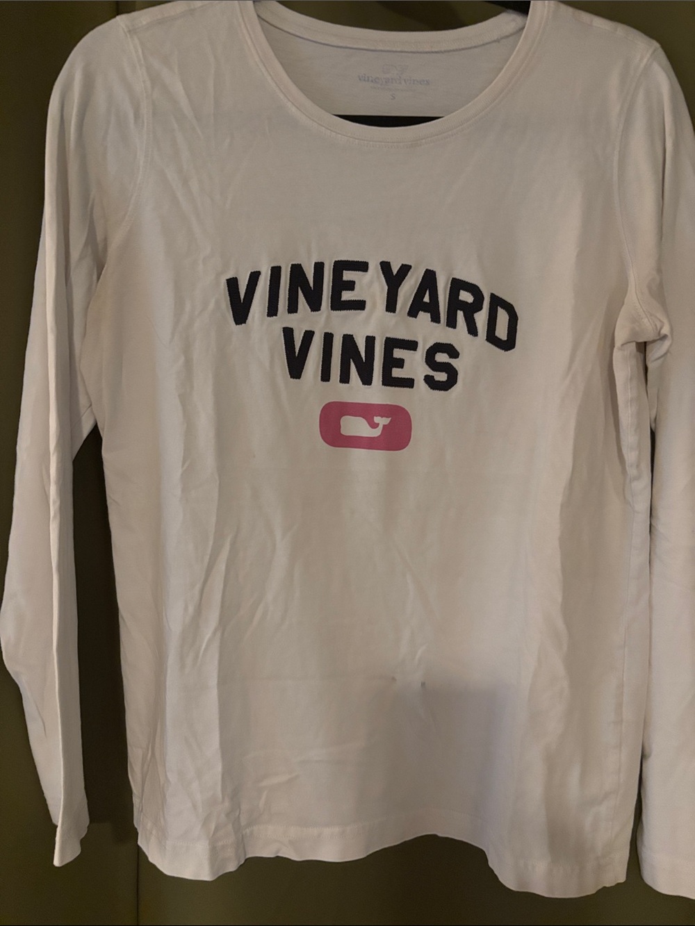 Vineyard Vines White Long Sleeve Tee with Pink Whale and Navy Raised Text